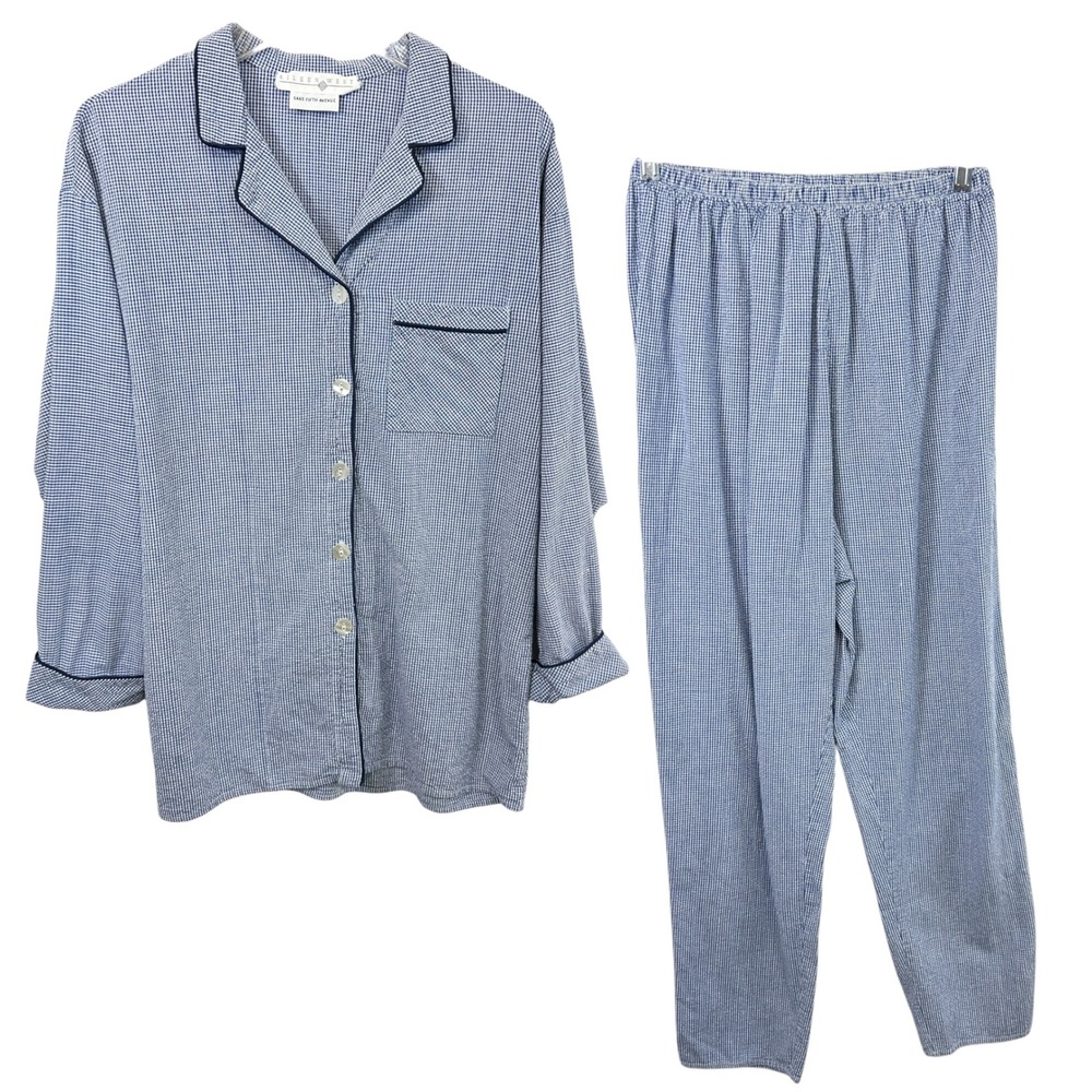 VTG Eileen West Saks Fifth Avenue Medium Pajama Set Blue Gingham Cotton